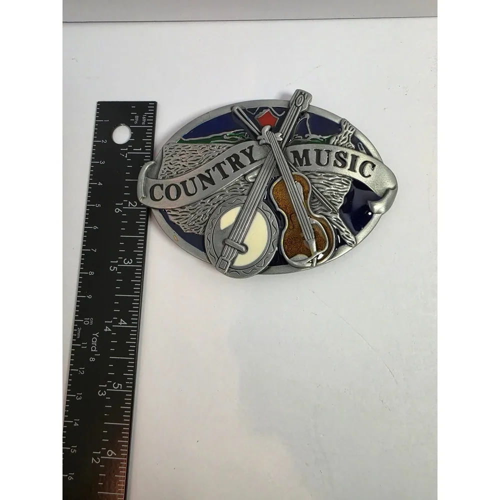 Country Music Banjo Fiddle Oval Belt Buckle Silver Tone Enamel Western Vintage